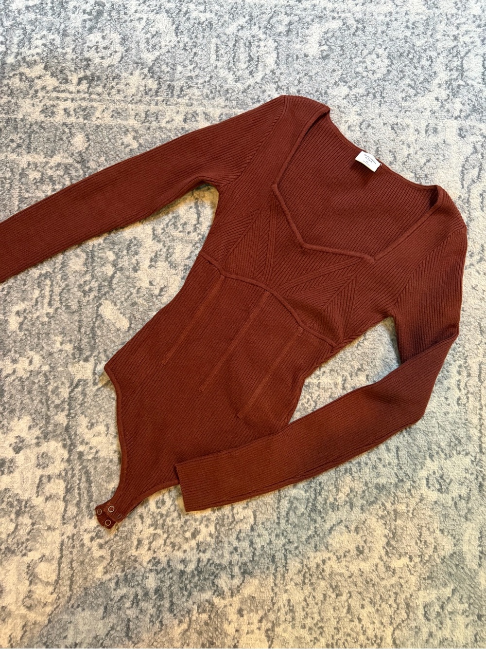 Abercrombie & Fitch Ribbed Square Neck Bodysuit in Rust Brown